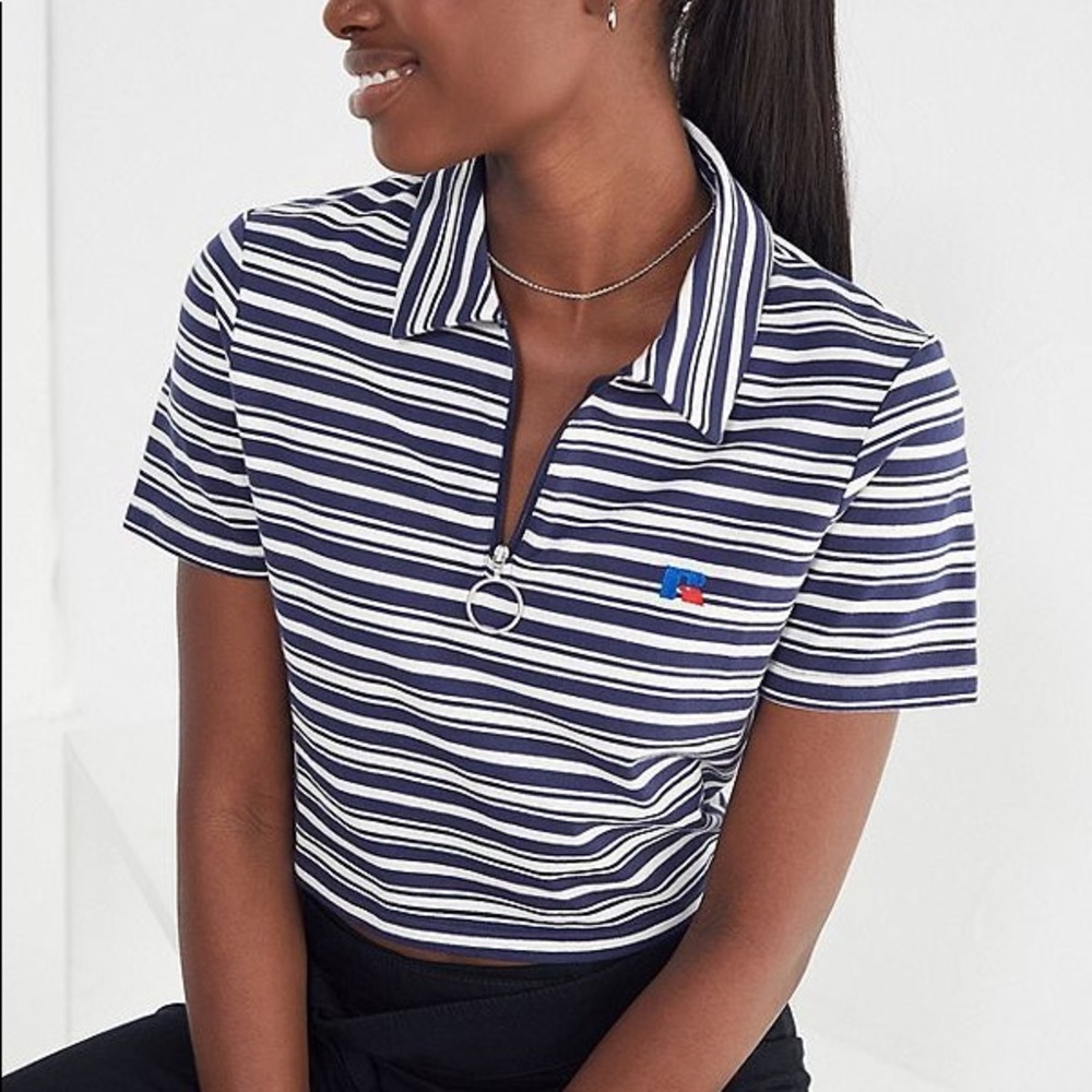 Russell Athletic Stripped Collared Crop Top Half Zip Polo